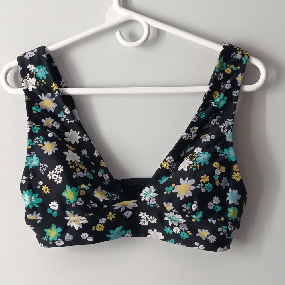 Shade & Shore Bikini Padded Top Wide Strap Floral Black White Yellow Aqua Medium